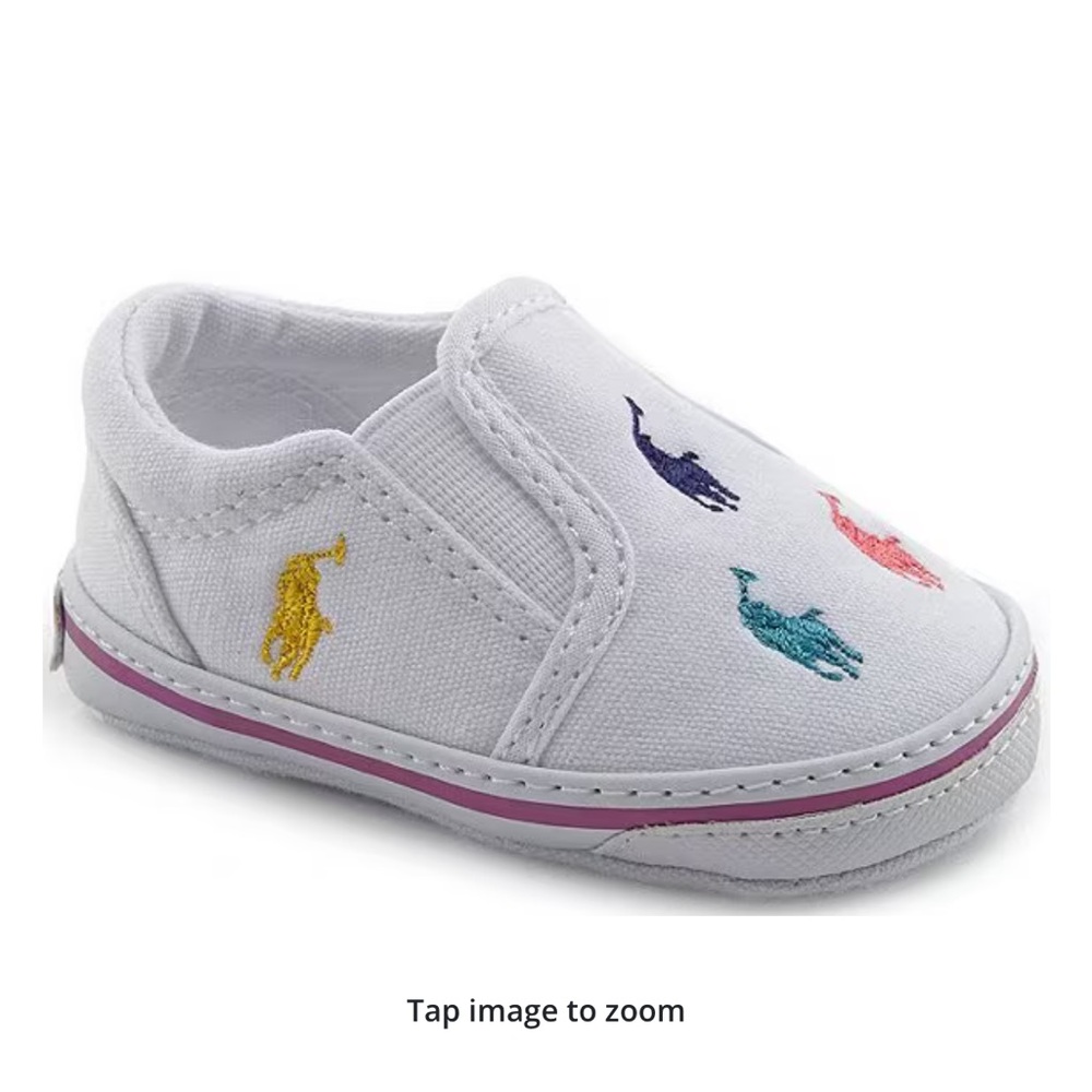 Polo by Ralph Lauren White Canvas Slip-On Baby Shoes with Multicolor Polo Logos